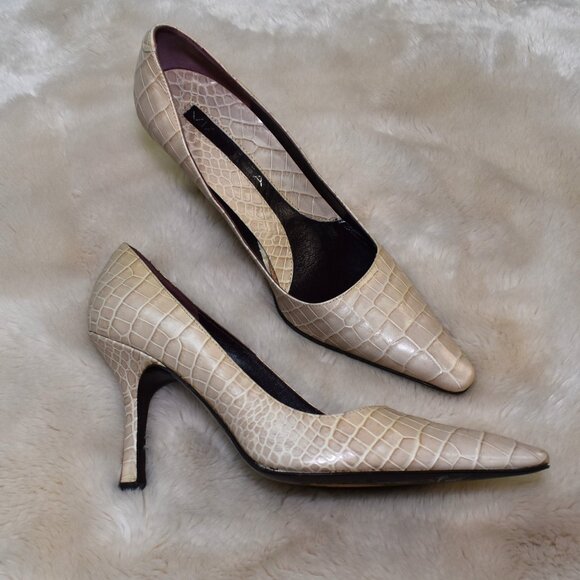 Via Spiga Beige Croc Embossed Stiletto Pumps Size 8 Square Toe Heels - Picture 13 of 15
